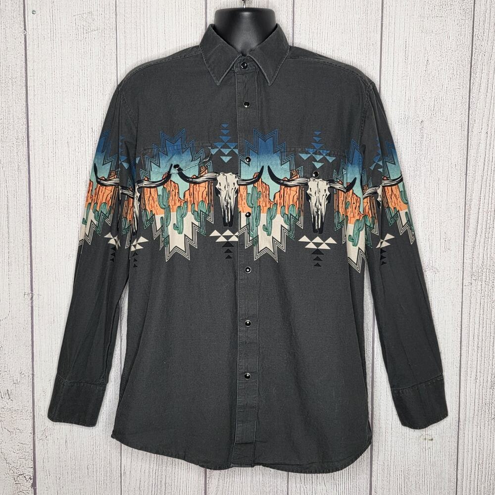 Panhandle Skull Cactus Western Snap Shirt Aztec Border Print Gray - size Large